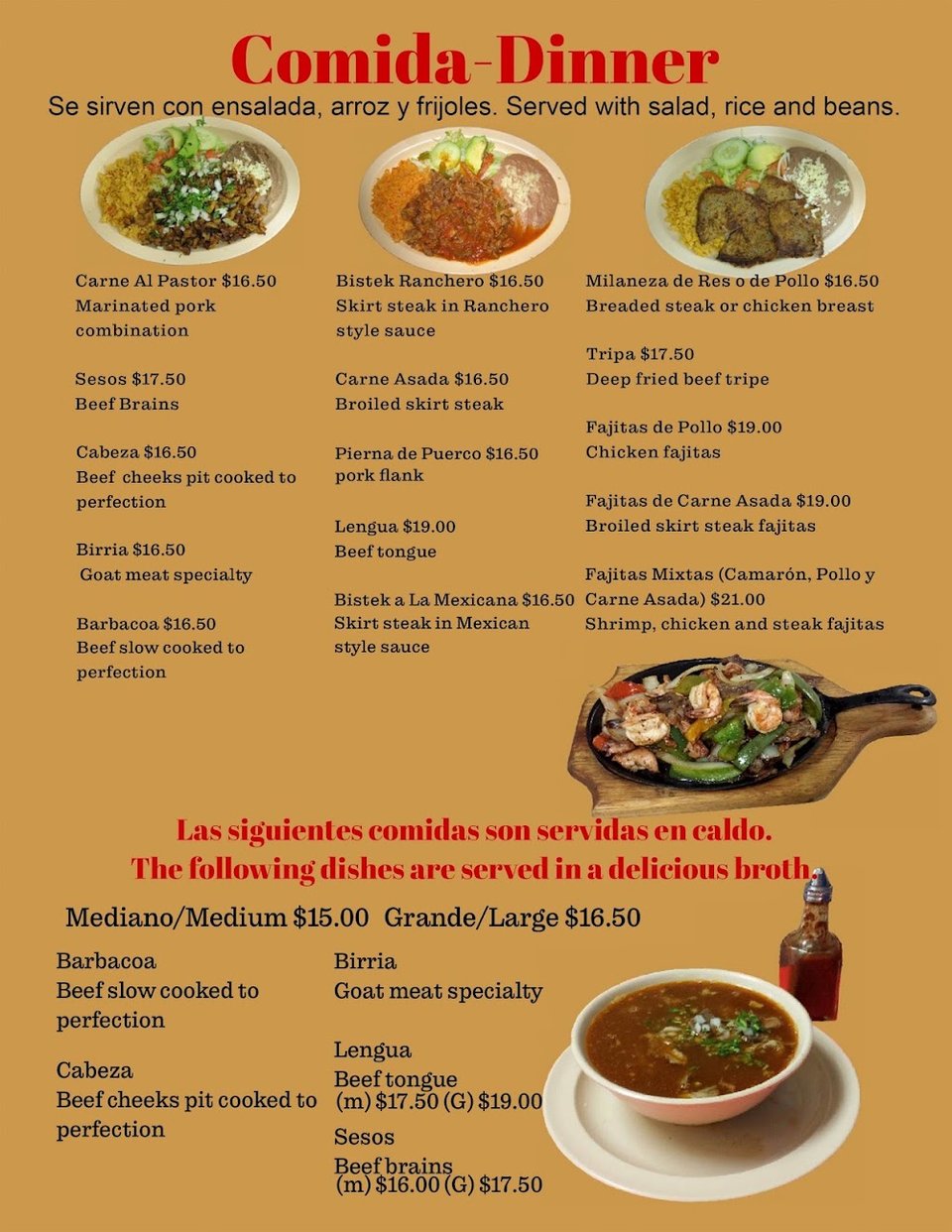 Printed menu with birria and carne asada.